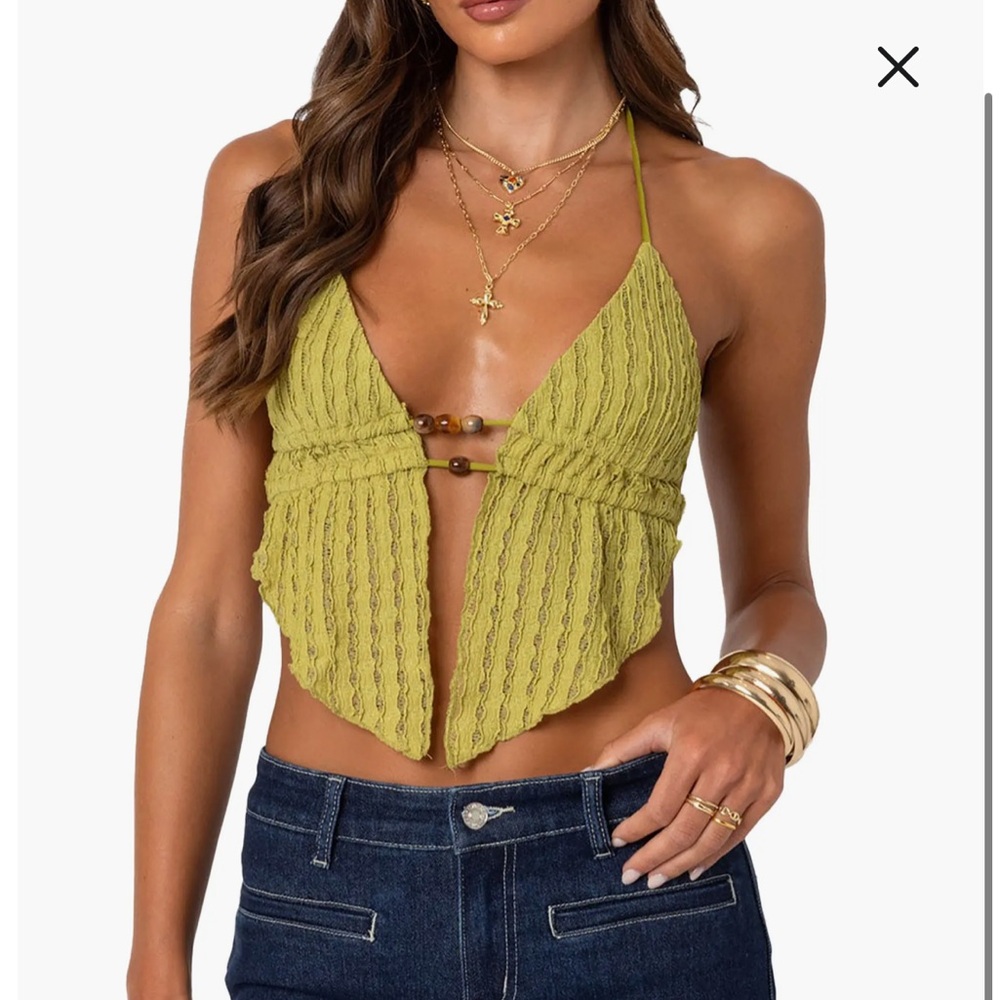 Edikted Anaya Textured Open Back Halter Top in Green